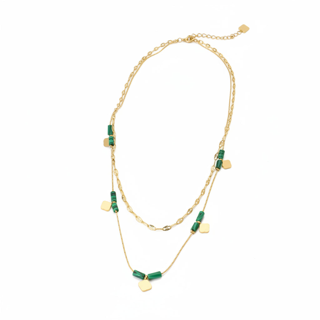 Collier Double Chaîne avec Perles Vertes – Superposé & Élégant | Twinolo