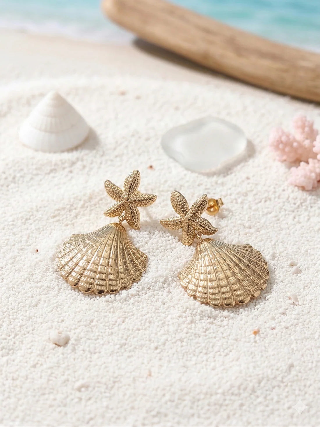 Boucles d'oreilles dorées pour femme – Design Étoile de mer et Coquillage – Acier inoxydable | Twinolo