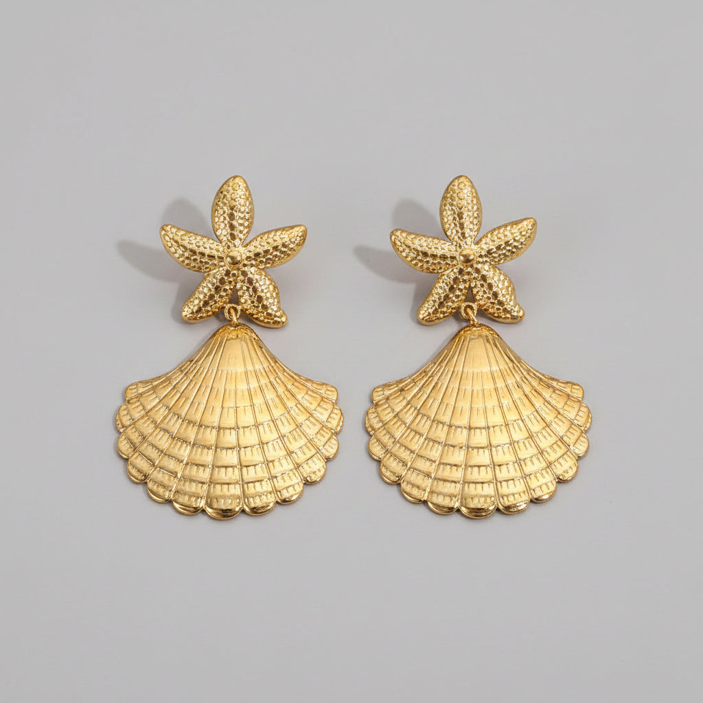 Boucles d'oreilles dorées pour femme – Design Étoile de mer et Coquillage – Acier inoxydable | Twinolo