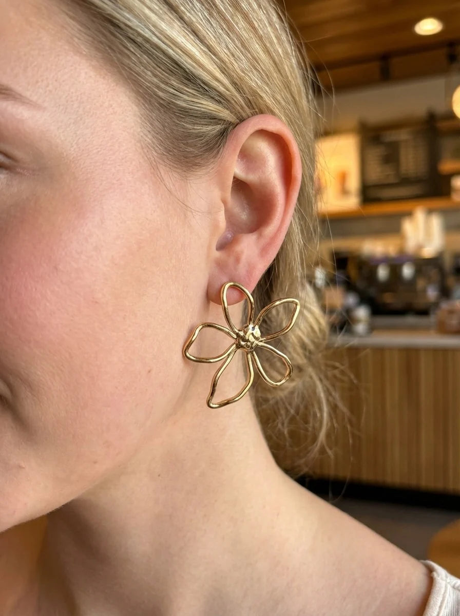 Gold-coloured Statement Flower Earrings | TWINOLO