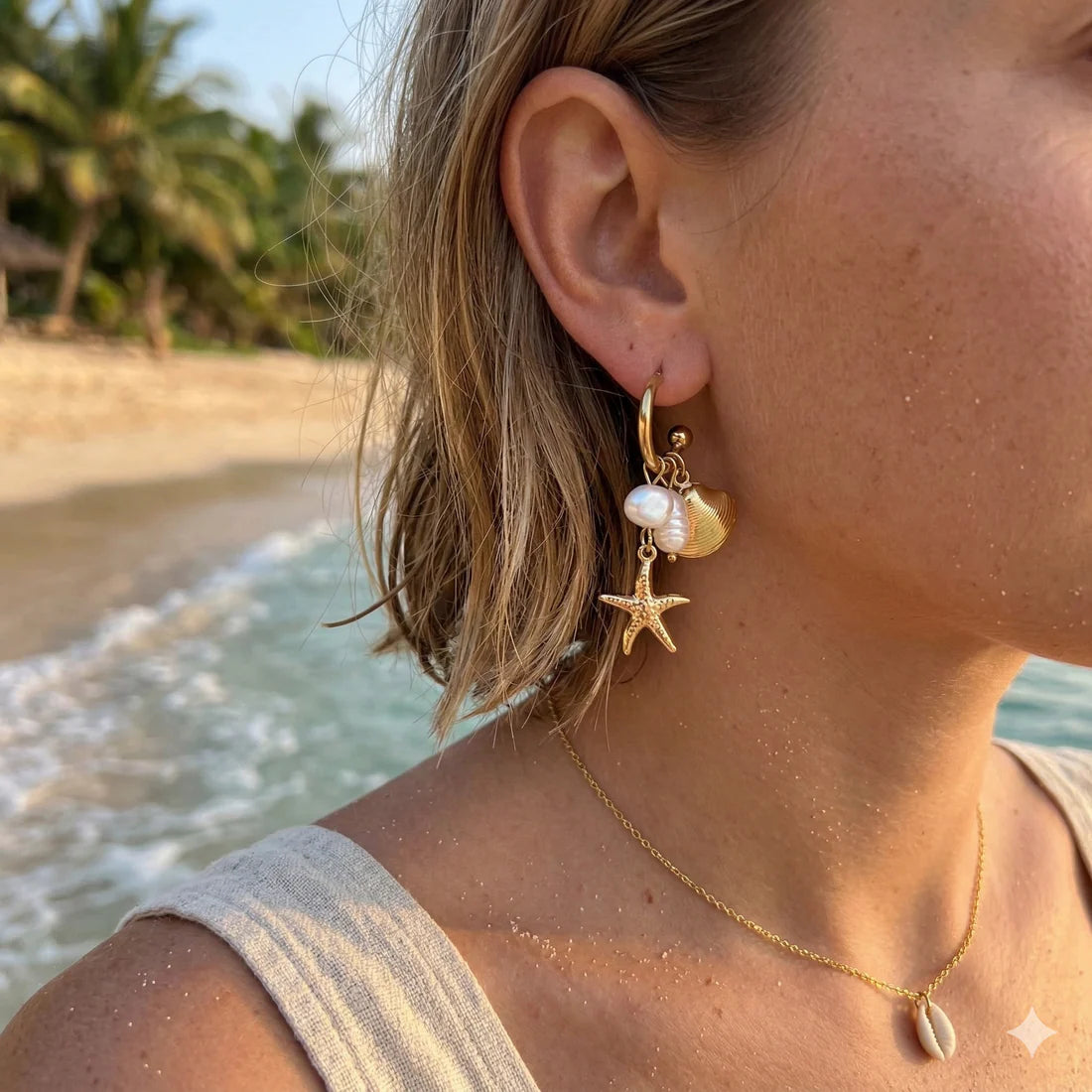 Boucles d'oreilles pendantes pour femmes – Acier inoxydable doré – Boucles d'oreilles Coquillage, Étoile de mer & Perle | Twinolo