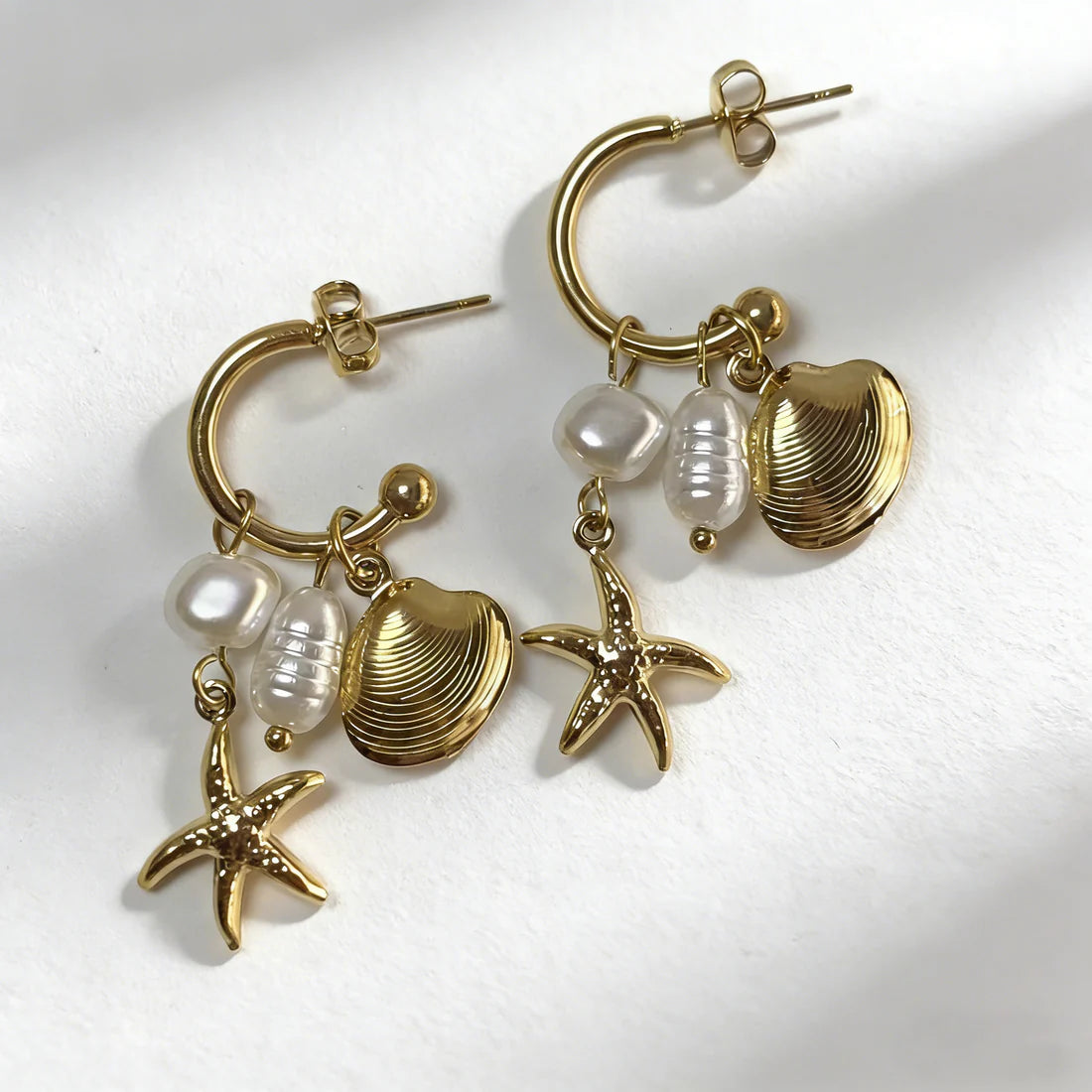 Boucles d'oreilles pendantes pour femmes – Acier inoxydable doré – Boucles d'oreilles Coquillage, Étoile de mer & Perle | Twinolo
