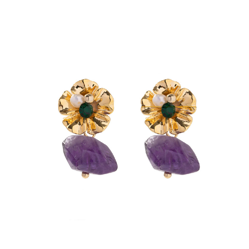 Boucles d'Oreilles Fleur avec Pierre Pendante – Violet ou Vert | Twinolo