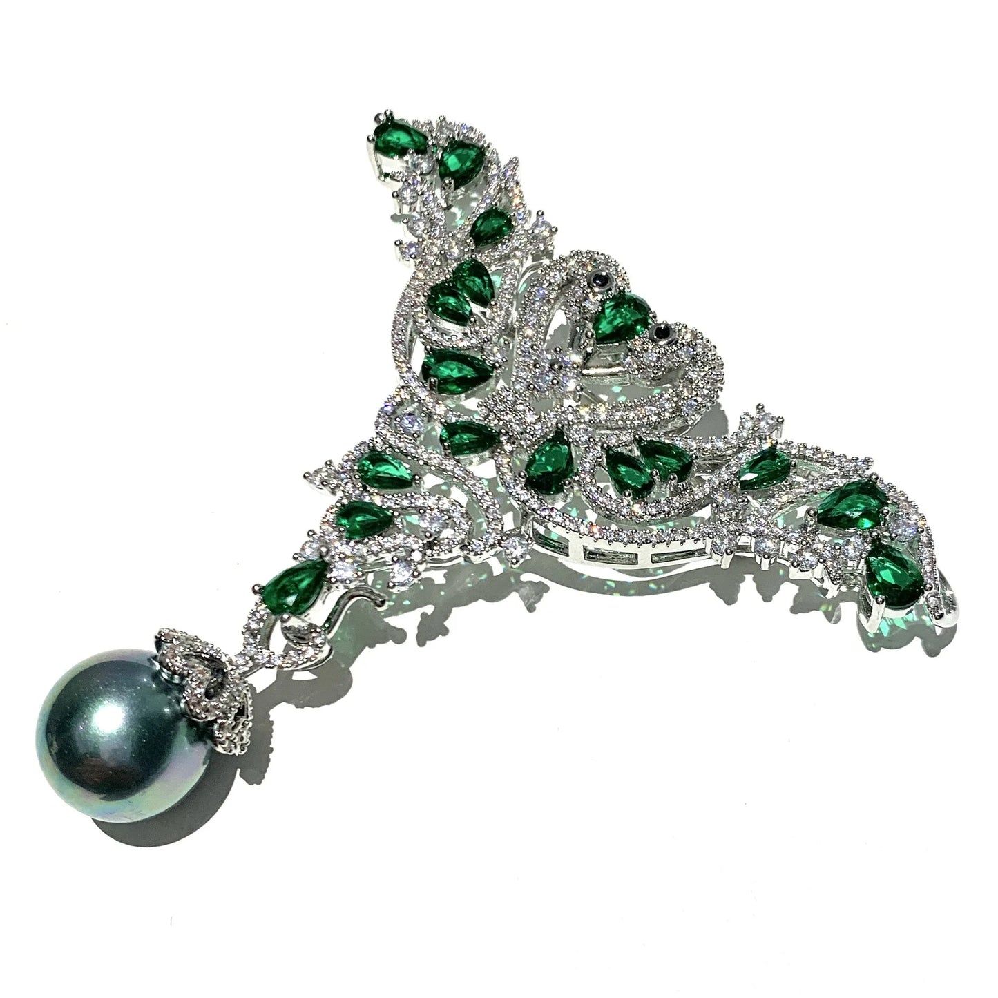 Luxury Brooch with Green Zirconia and Pearl – Silver-colored Women's Brooch | Twinolo