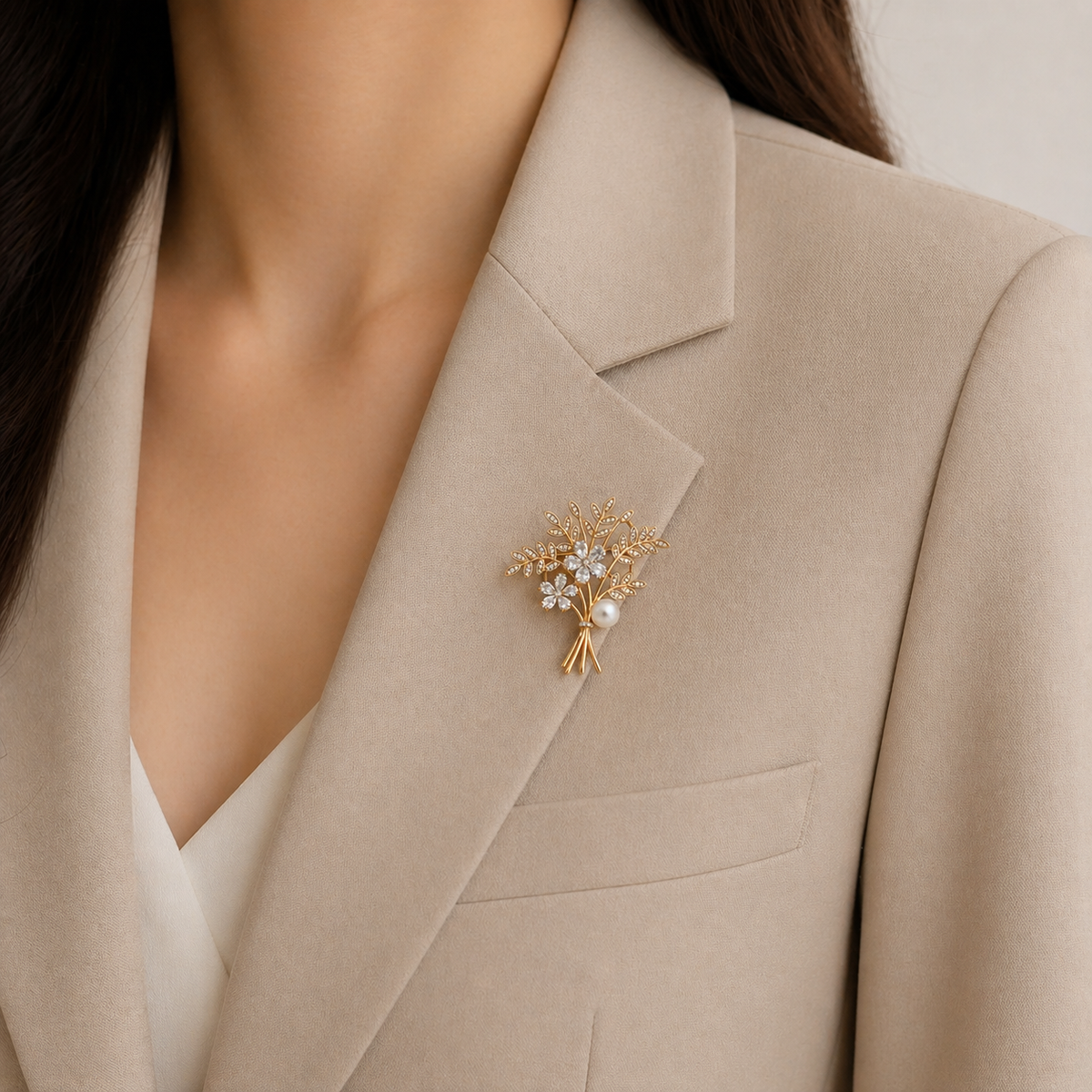💐 Broche Bouquet de Fleurs Dorées avec Perle et Cristaux | Twinolo