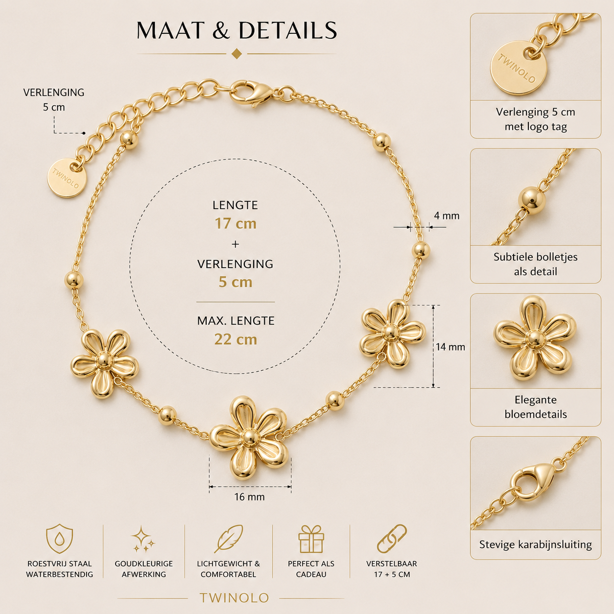 Floral Bracelet Gold-coloured with 3 Flowers | TWINOLO