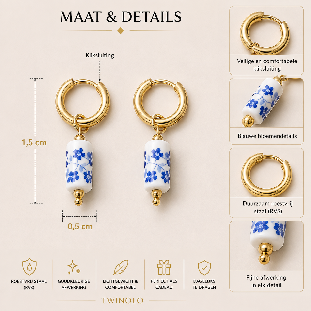Gold-Colored Hoop Earrings with Blue Floral Detail – Stainless Steel – | TWINOLO