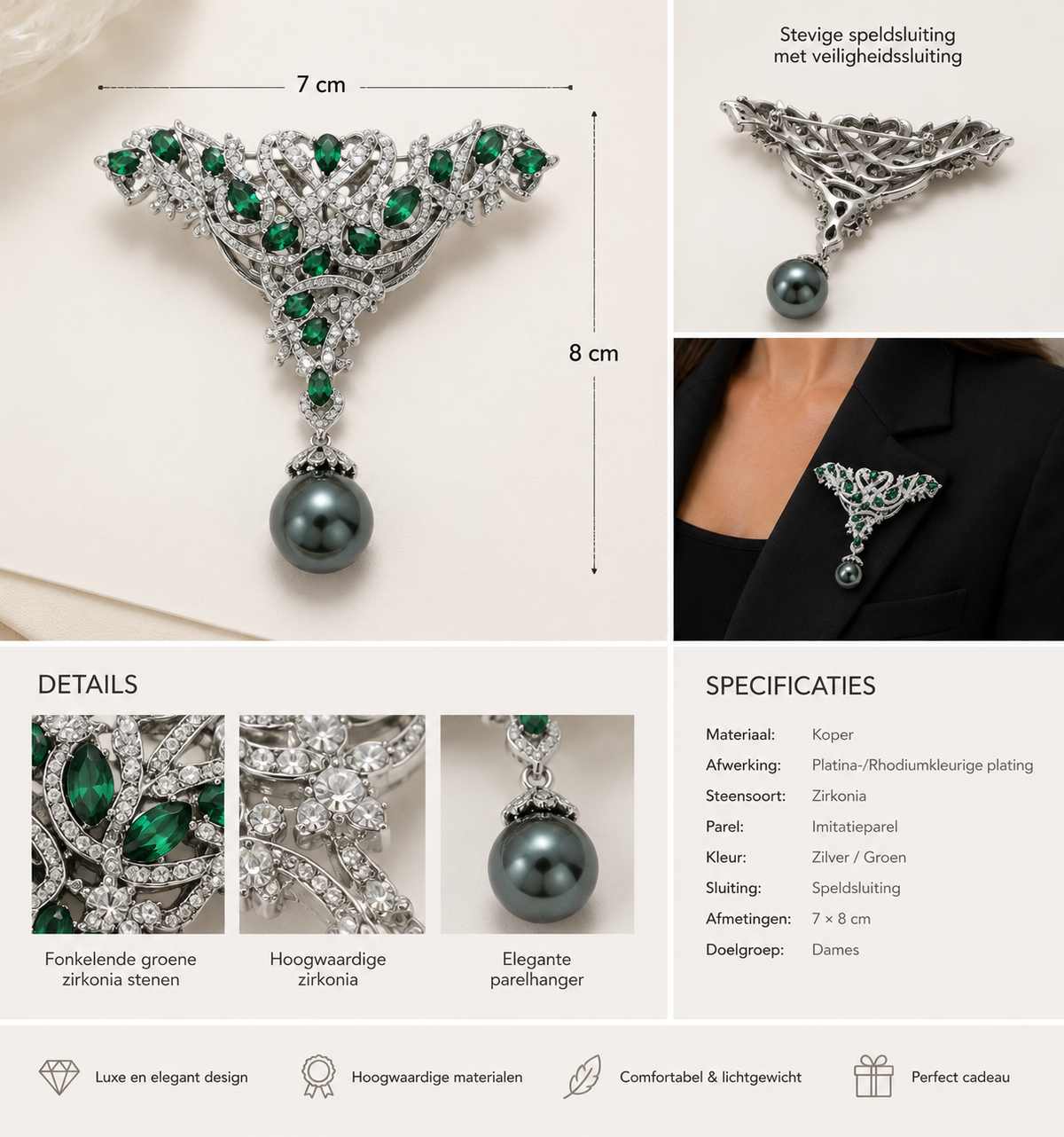 Broche de luxe avec zircone verte et perle – Broche femme couleur argentée | Twinolo