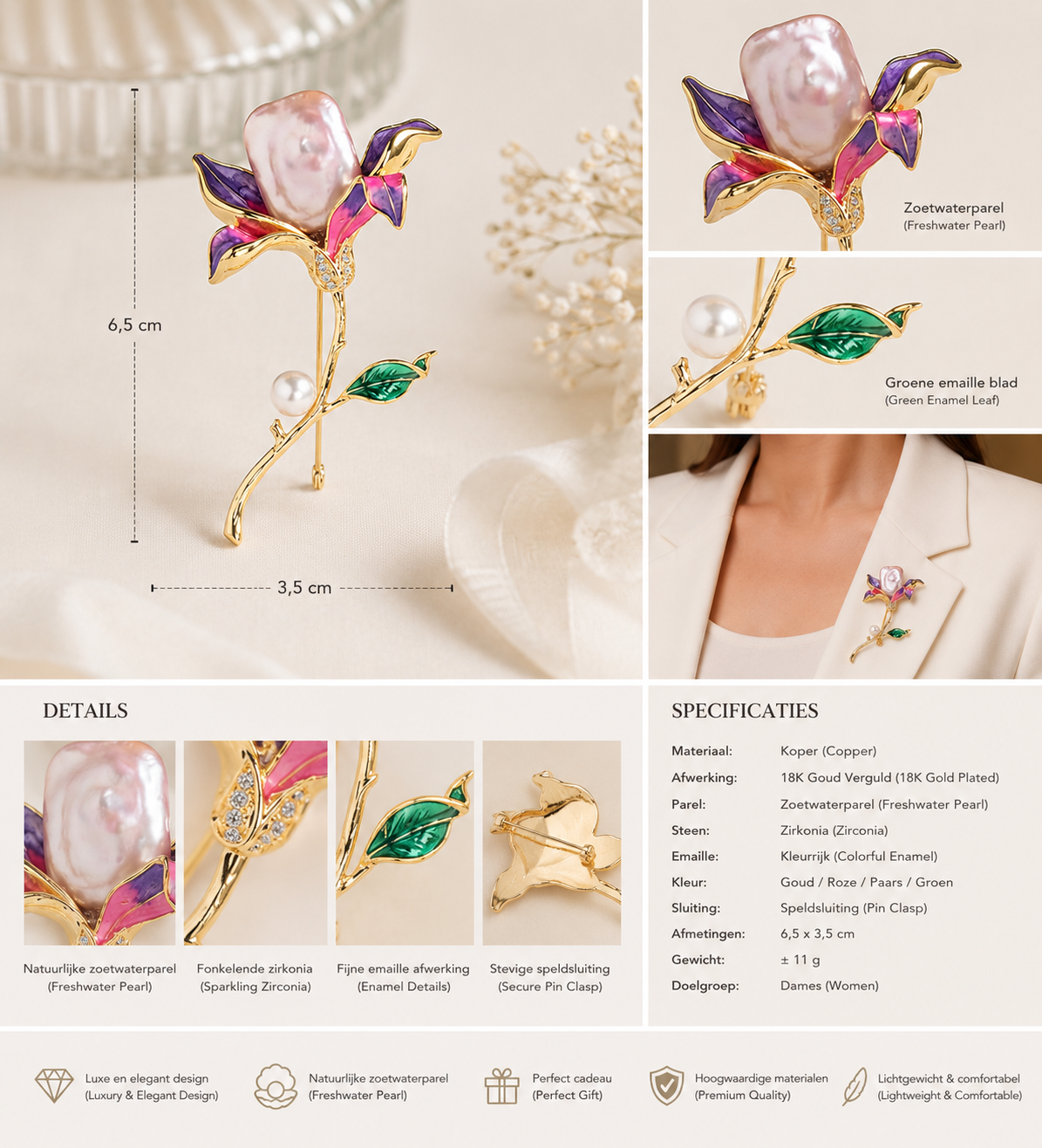 Broche Fleur de Luxe avec Perle d'Eau Douce – Plaqué Or 18 Carats | Twinolo