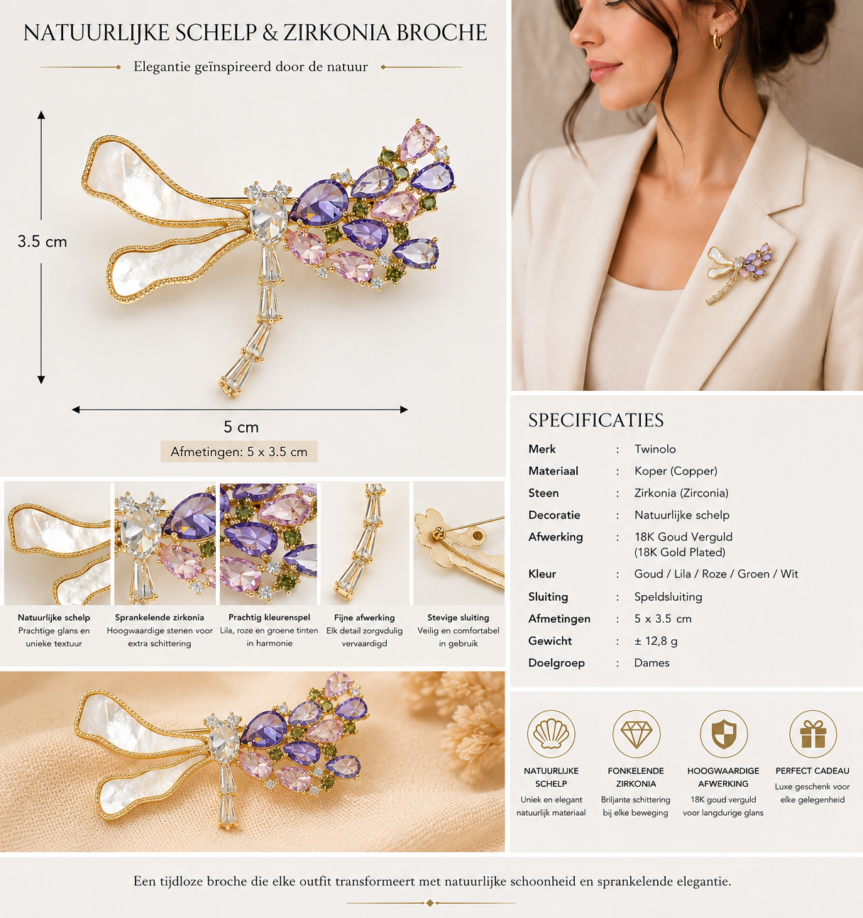Luxe Broche met Natuurlijke Schelp & Zirkonia – 18K Verguld | Twinolo