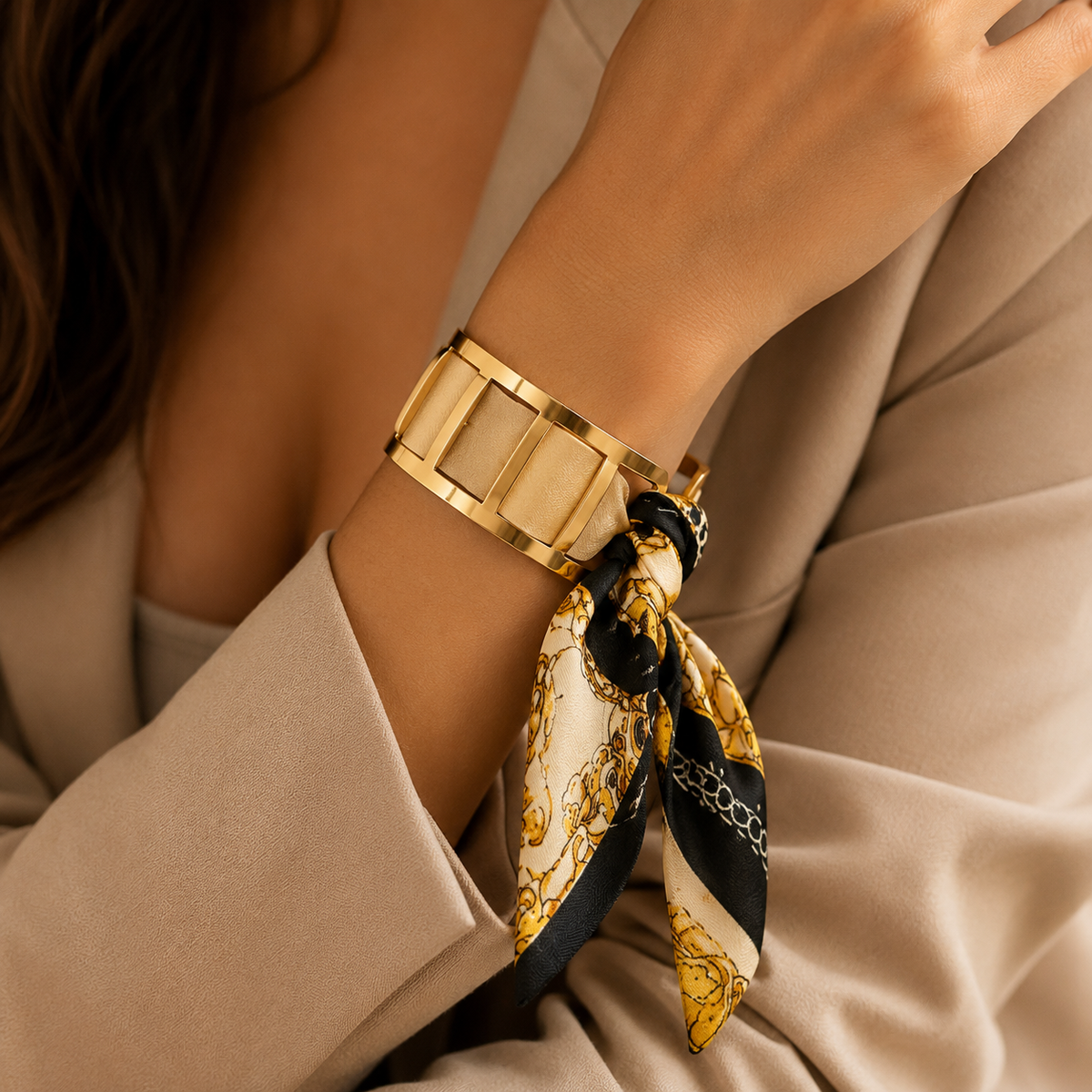 Bracelet Manchette Dorée avec Écharpe – Acier Inoxydable | TWINOLO
