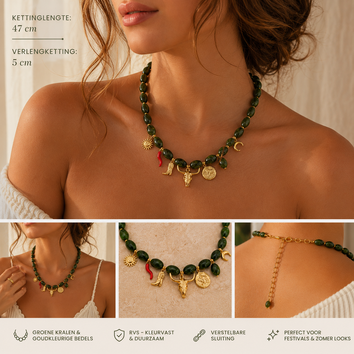 Collier de perles avec breloques pour femme – Vert & doré | Twinolo