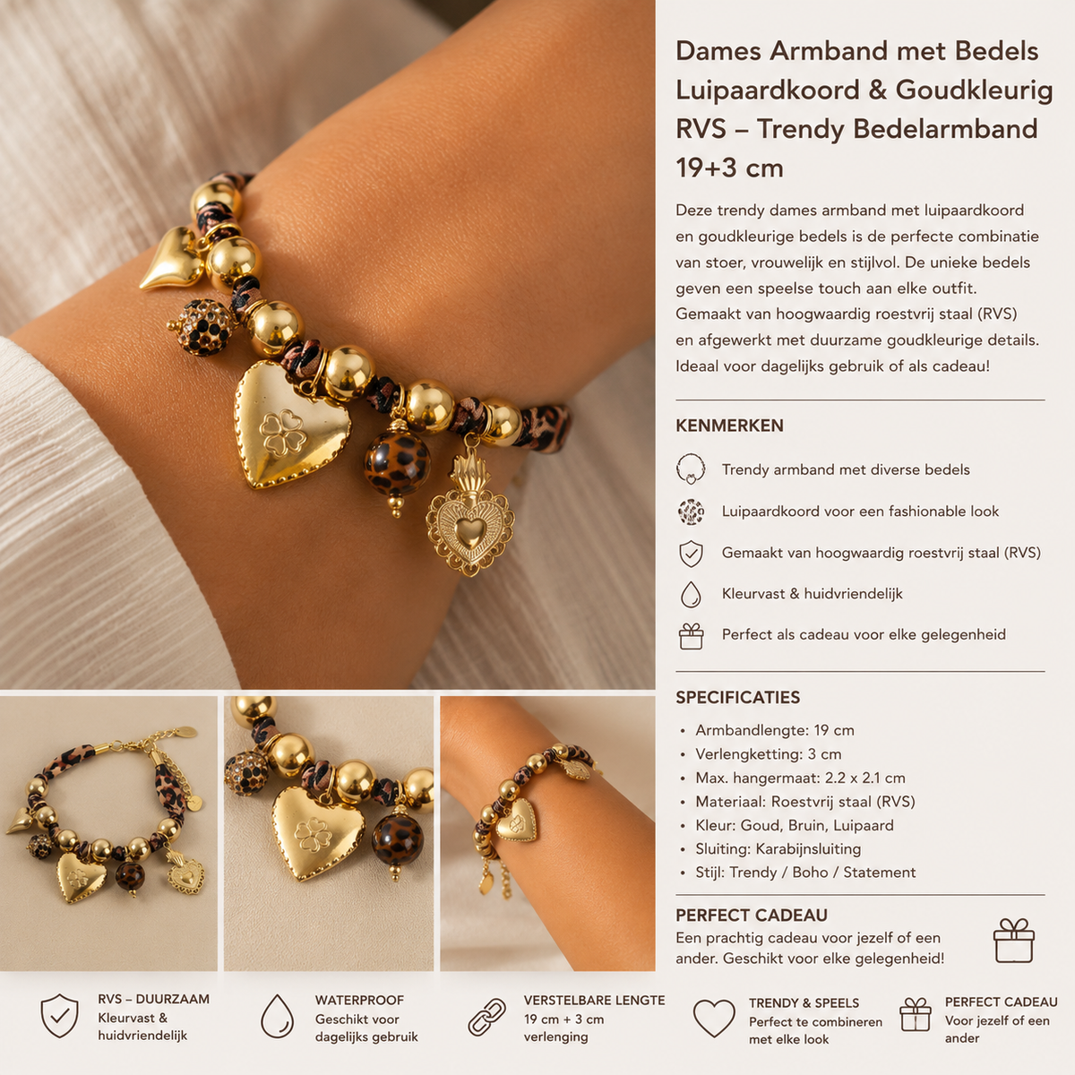 Bracelet de Charms pour Femmes – Cordon Léopard | Twinolo
