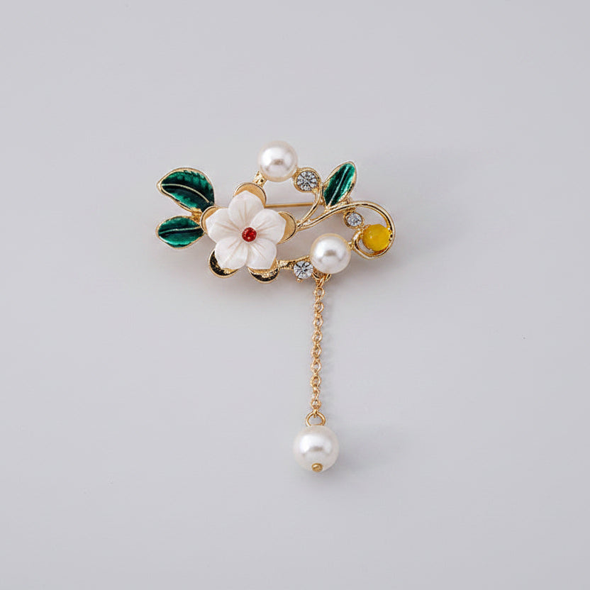 🌸 Broche fleurie avec perle et détail pendentif – Broche élégante | Twinolo