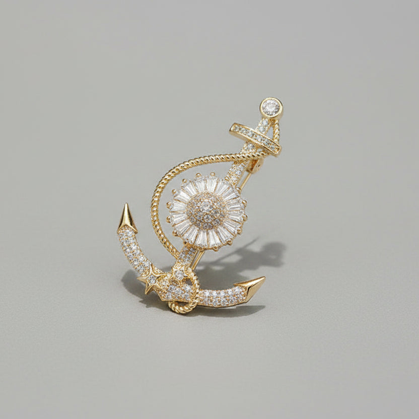 ⚓ Broche Ancre avec Cristaux – Broche Nautique Dorée pour Femme | Twinolo