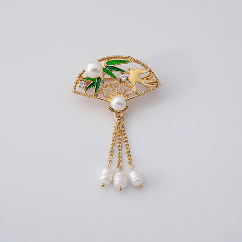 Broche Éventail Vert & Or avec Perles – Broche Élégante de Luxe | Twinolo