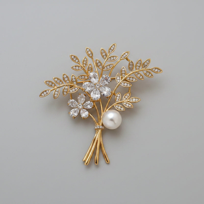 💐 Broche Bouquet de Fleurs Dorées avec Perle et Cristaux | Twinolo