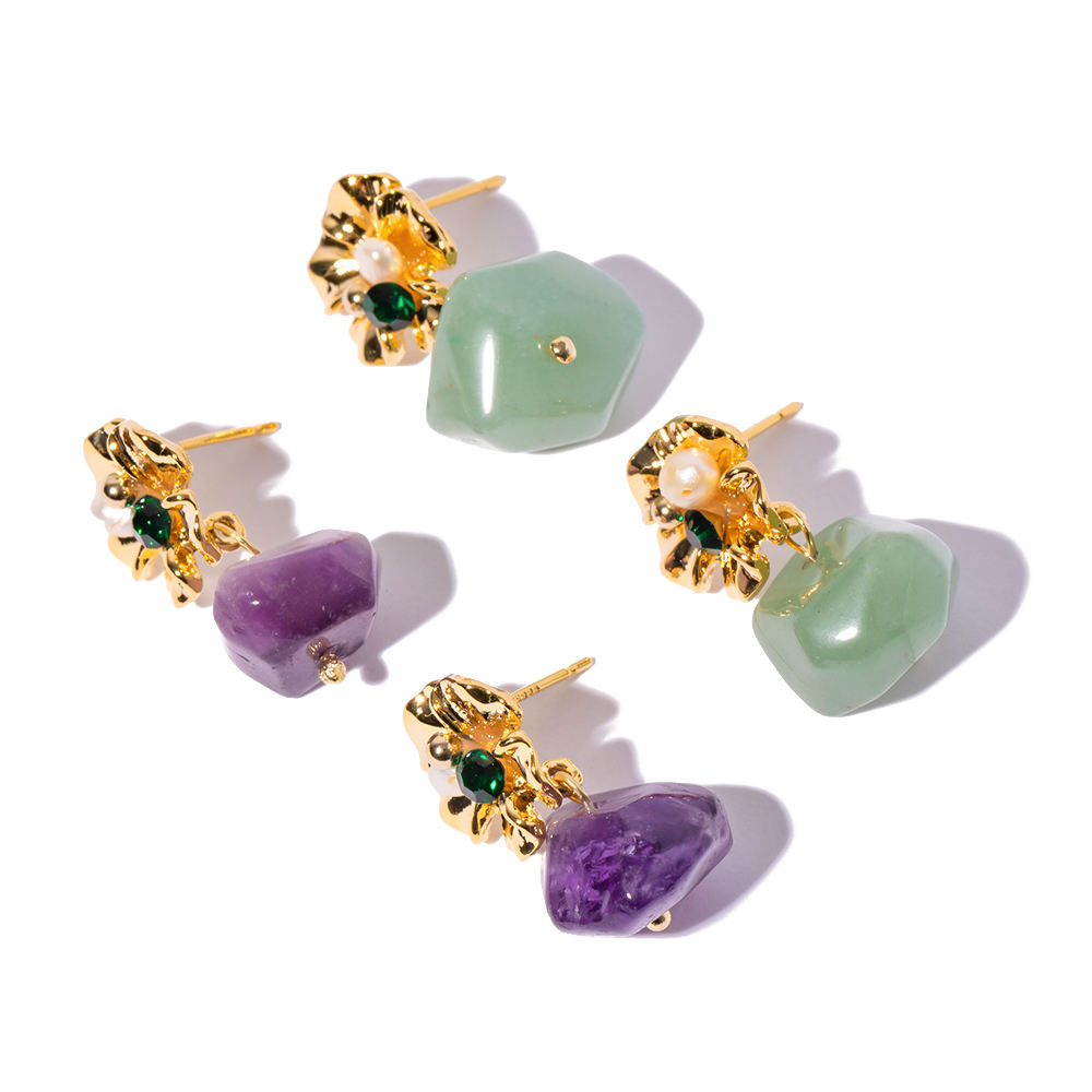 Boucles d'Oreilles Fleur avec Pierre Pendante – Violet ou Vert | Twinolo