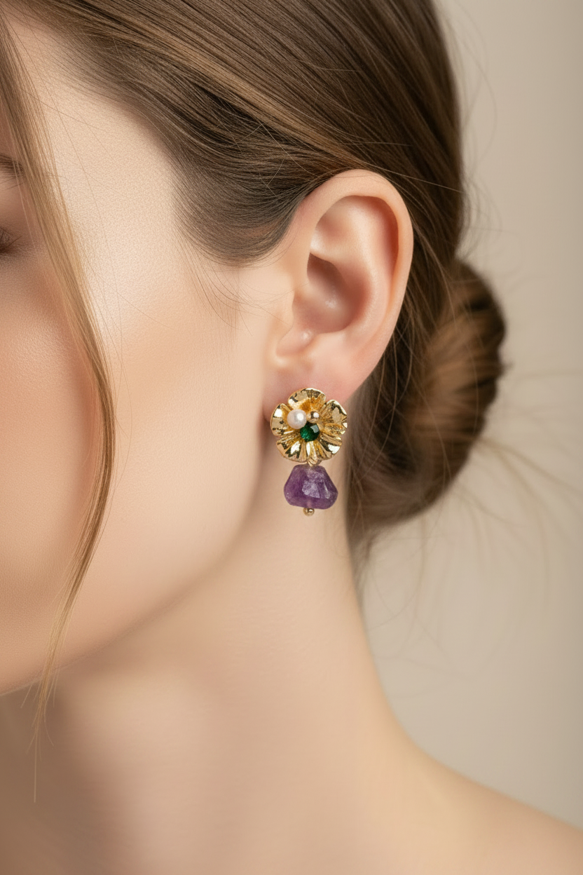 Boucles d'Oreilles Fleur avec Pierre Pendante – Violet ou Vert | Twinolo