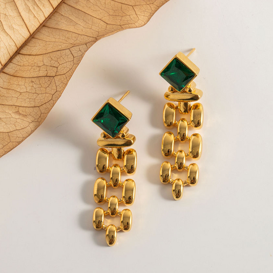 Schakel Oorbellen met Vierkante Groene Steen – Klassiek Design | Twinolo