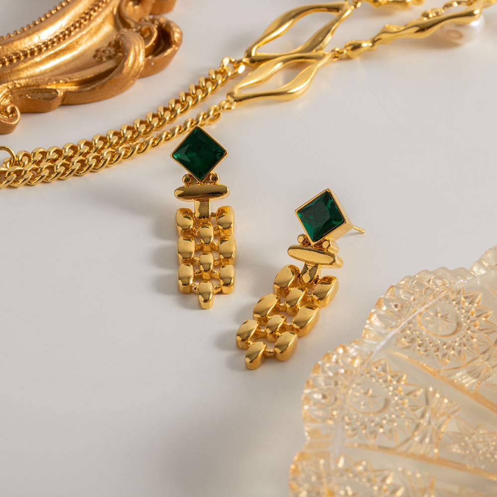 Boucles d'oreilles clous avec pierre verte carrée – Design classique | Twinolo
