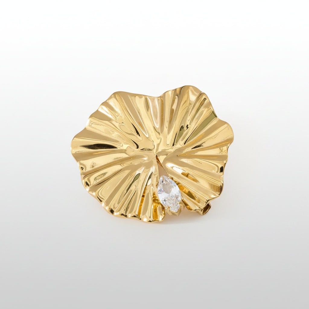 Gouden Blad Broche – Statement Design met Steen – Stainless Steel | TWINOLO
