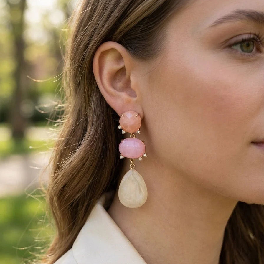 Long Earrings with Beige Stone – Gold-coloured | TWINOLO