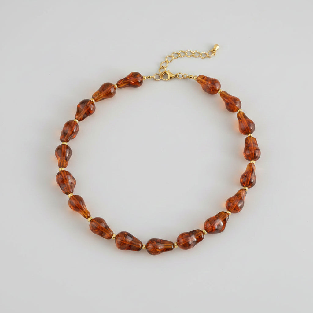 Bruine Dames Ketting met Hars Kralen – Goudkleurig RVS – Statement Ketting | Twinolo