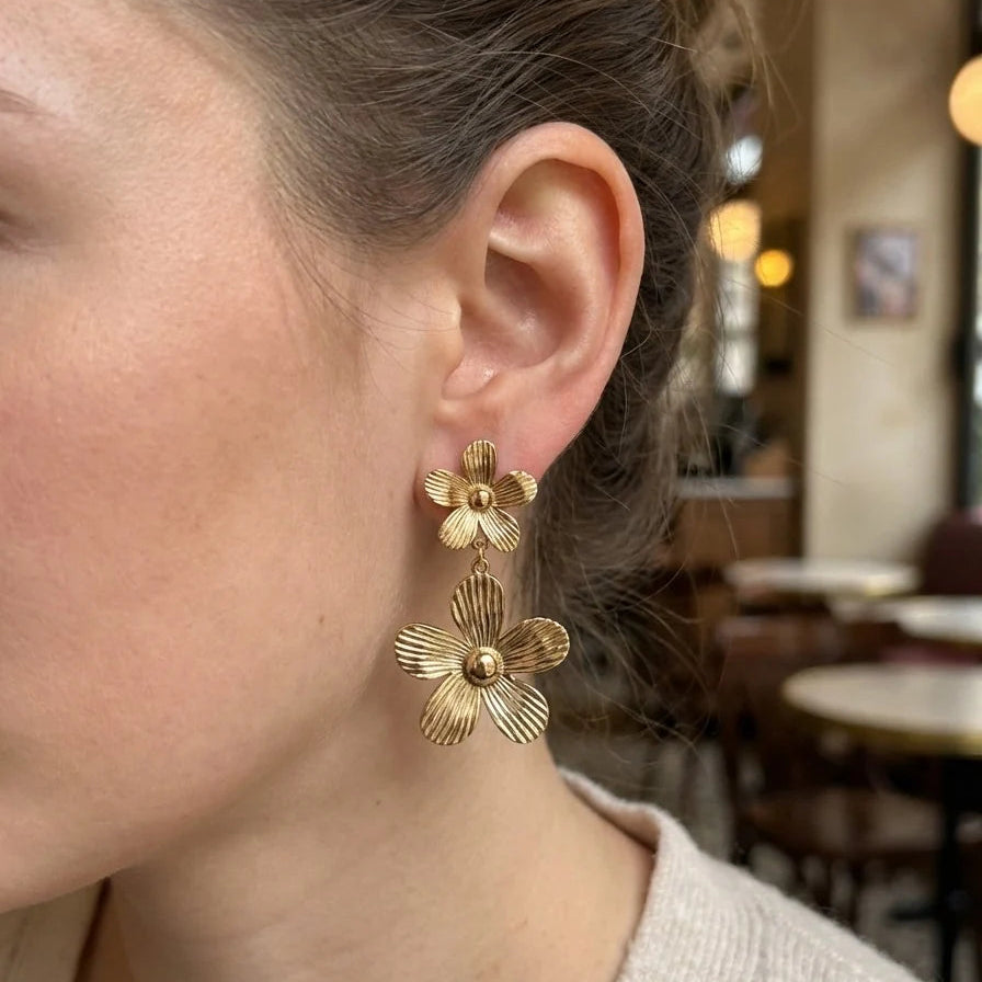 Gold-Plated Double Flower Drop Earrings | TWINOLO