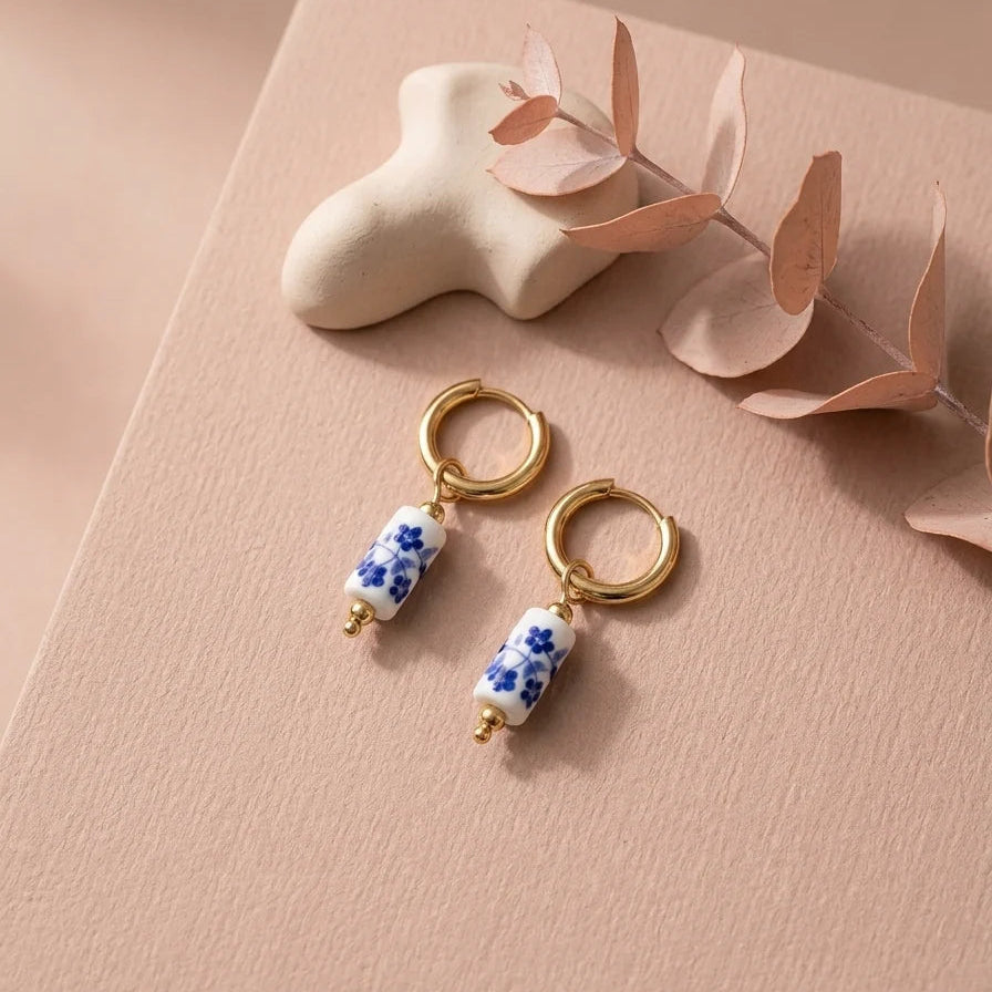 Gold-Colored Hoop Earrings with Blue Floral Detail – Stainless Steel – | TWINOLO