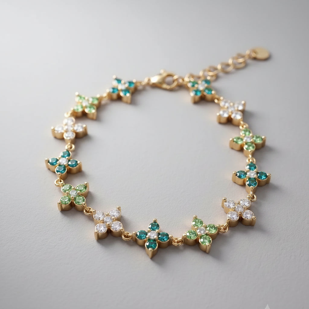 Flower Bracelet with Green and White Stones – Gold-colored – Stainless Steel | TWINOLO