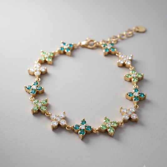 Flower Bracelet with Green and White Stones – Gold-colored – Stainless Steel | TWINOLO