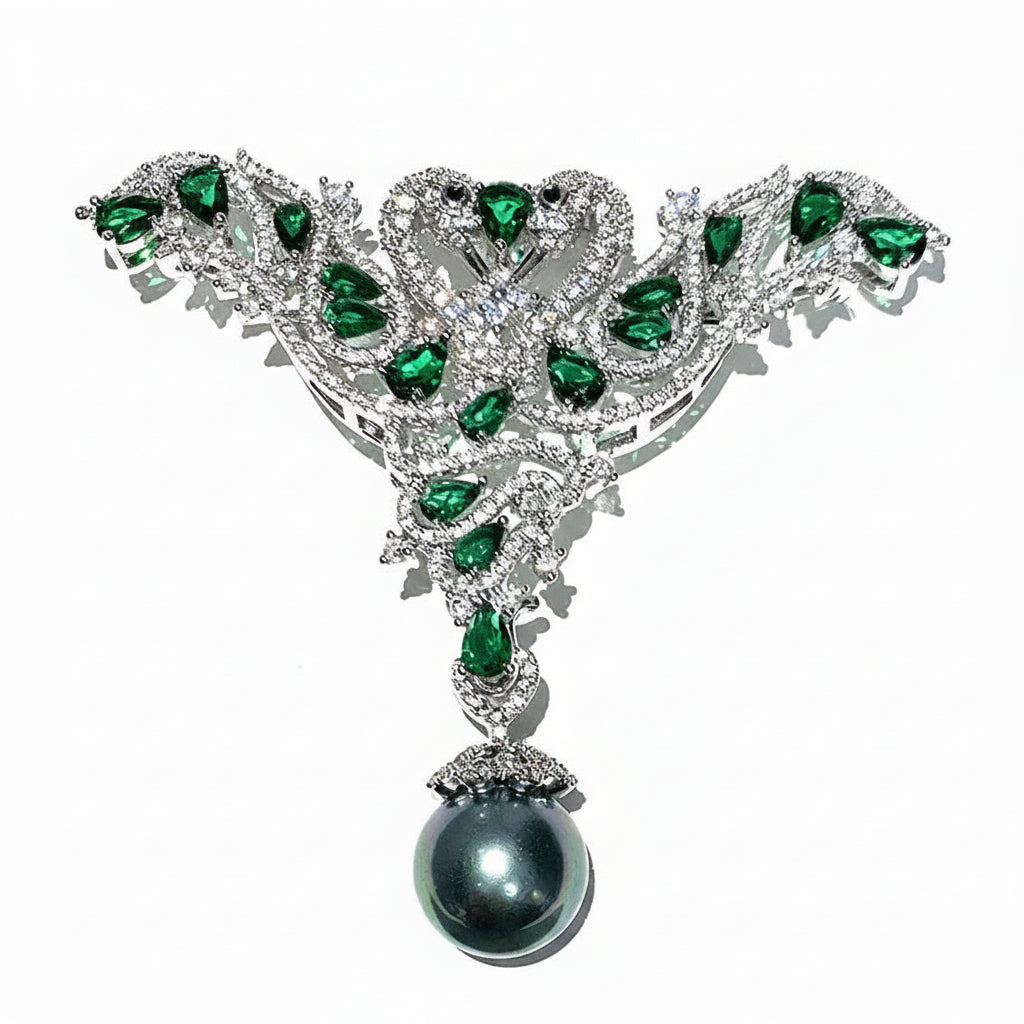 Luxury Brooch with Green Zirconia and Pearl – Silver-colored Women's Brooch | Twinolo