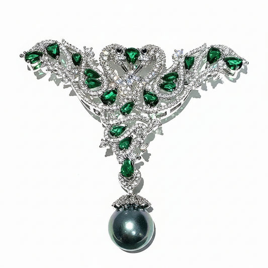 Luxury Brooch with Green Zirconia and Pearl – Silver-colored Women's Brooch | Twinolo