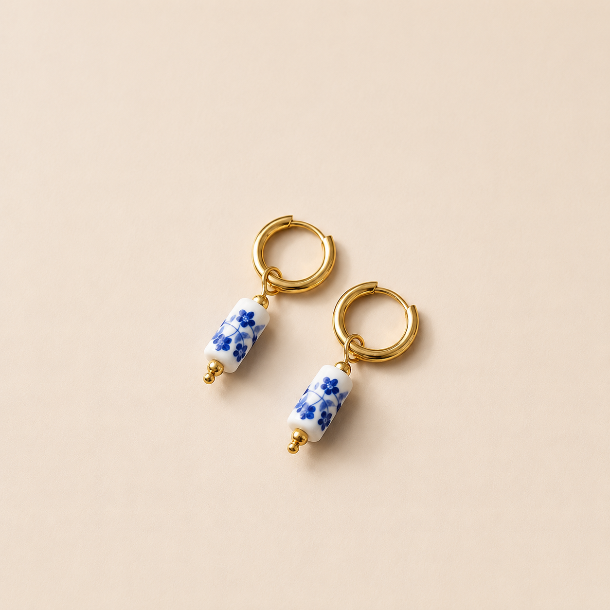 Gold-Colored Hoop Earrings with Blue Floral Detail – Stainless Steel – | TWINOLO