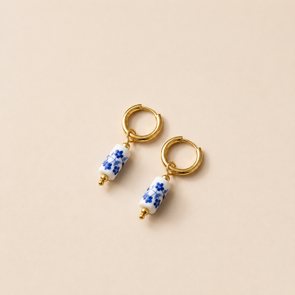 Gold-Colored Hoop Earrings with Blue Floral Detail – Stainless Steel – | TWINOLO