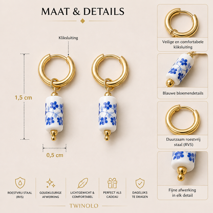 Gold-Colored Hoop Earrings with Blue Floral Detail – Stainless Steel – | TWINOLO