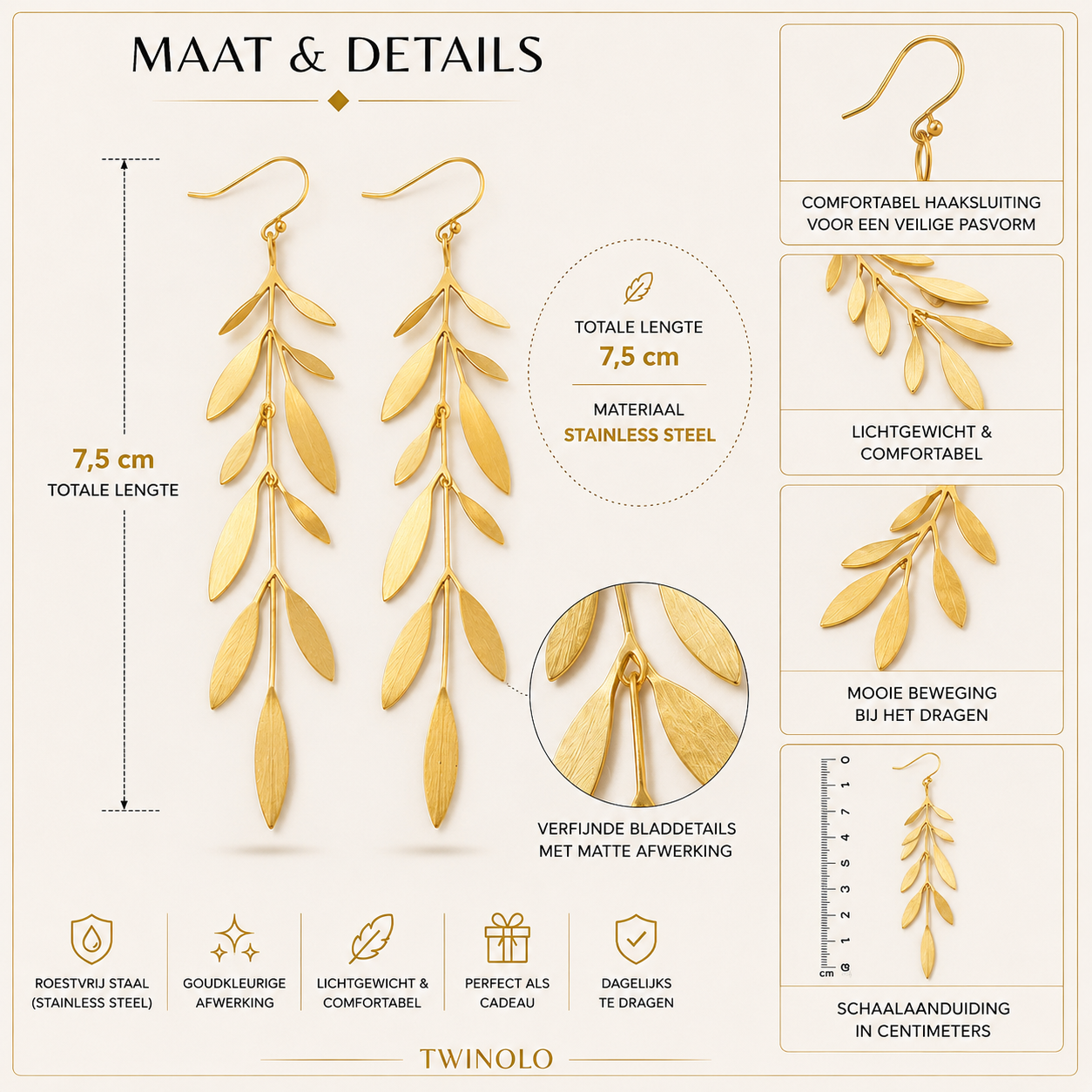 Long Leaf-Shaped Earrings – Gold-Colored Stainless Steel | TWINOLO