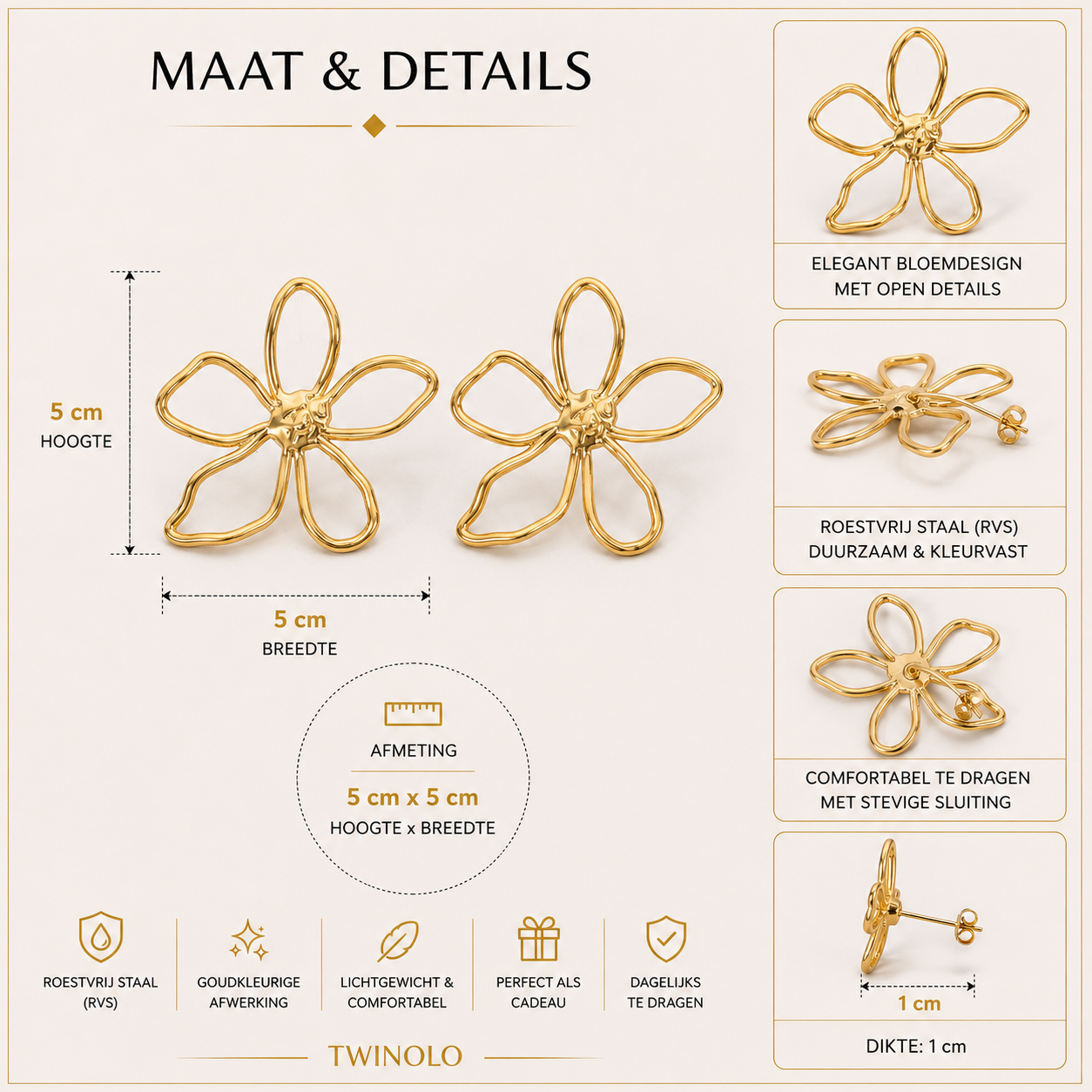 Gold-coloured Statement Flower Earrings | TWINOLO