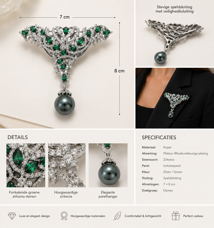 Luxury Brooch with Green Zirconia and Pearl – Silver-colored Women's Brooch | Twinolo