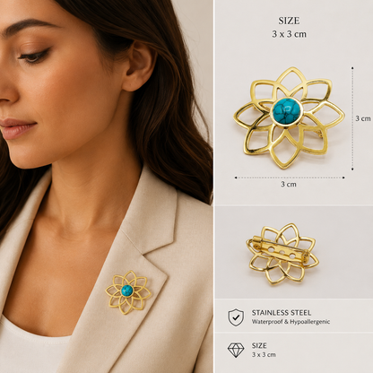 Turquoise Flower Brooch – Gold Stainless Steel | Twinolo