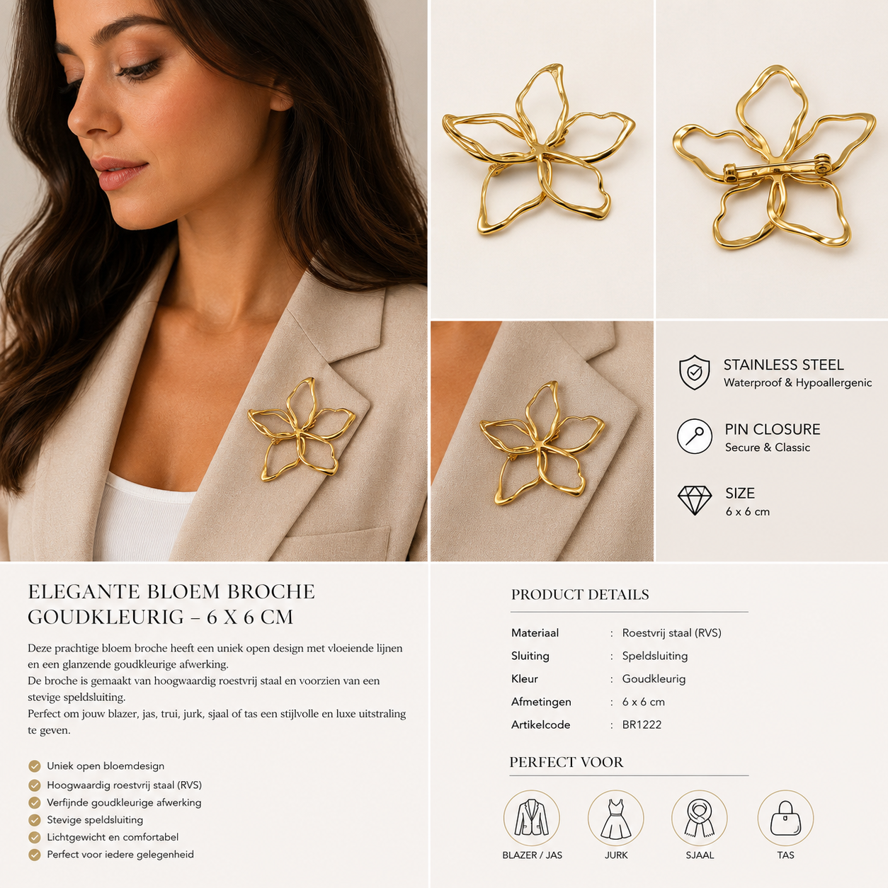 Gold Open Flower Brooch – Stainless Steel | Twinolo
