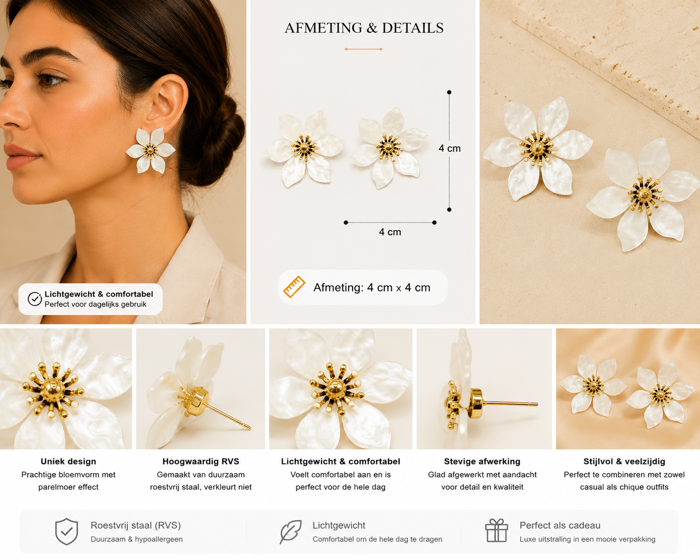 Flower Statement Oorbellen met Parelmoer Effect – Goudkleurig | Twinolo