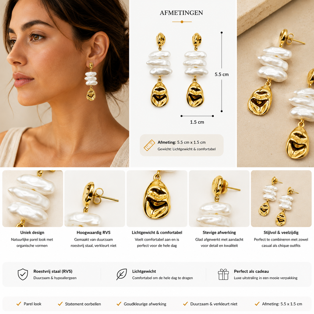 Statement Oorbellen met Parelmoer Effect – Goudkleurig | Twinolo