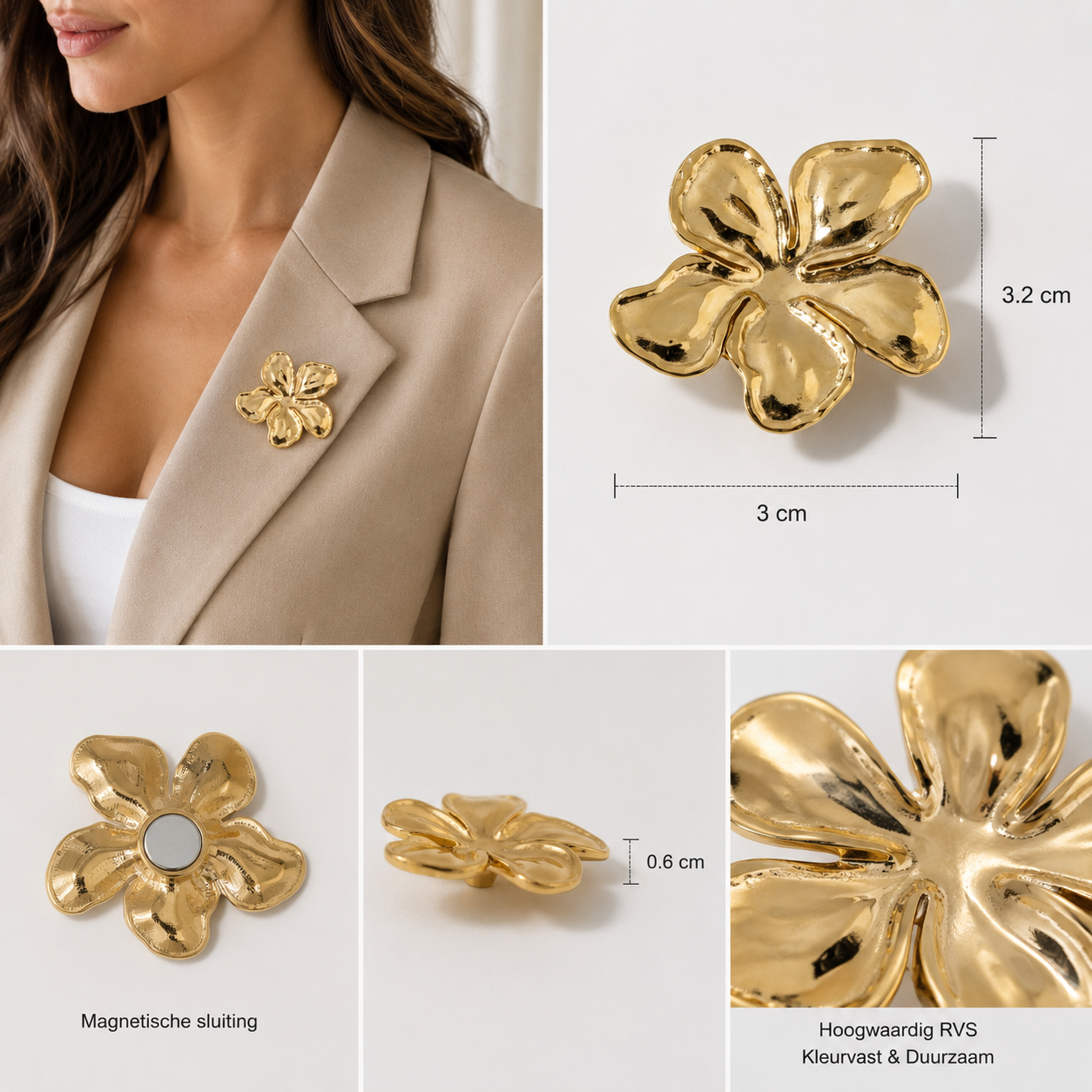 Magnetische Bloem Broche – Goudkleurig RVS | Twinolo