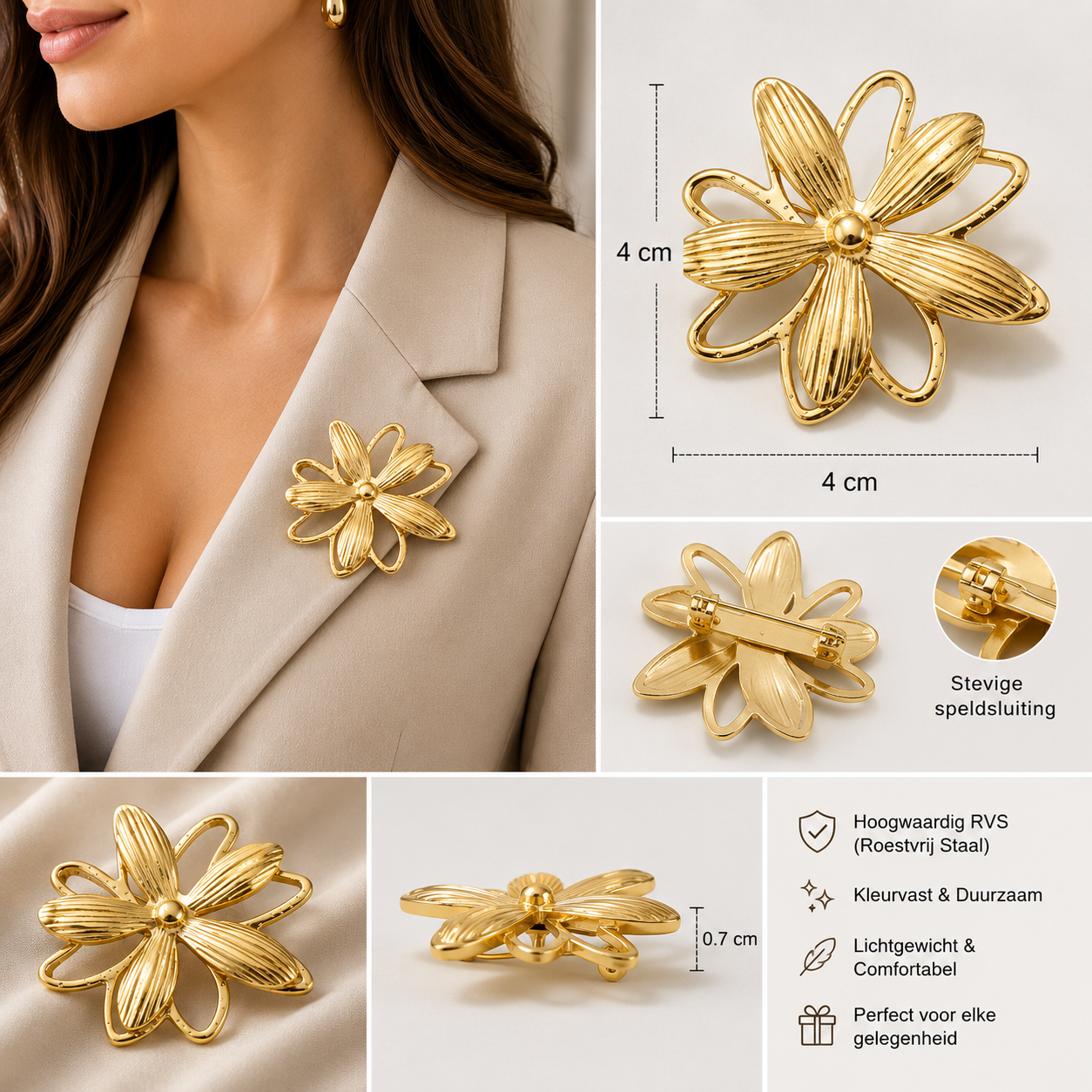 Goudkleurige Bloem Broche – RVS | Twinolo