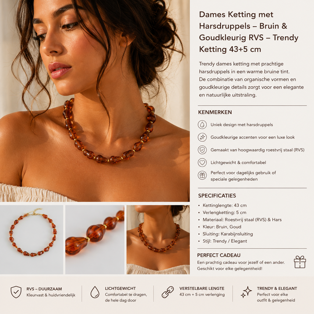 Bruine Dames Ketting met Hars Kralen – Goudkleurig RVS – Statement Ketting | Twinolo