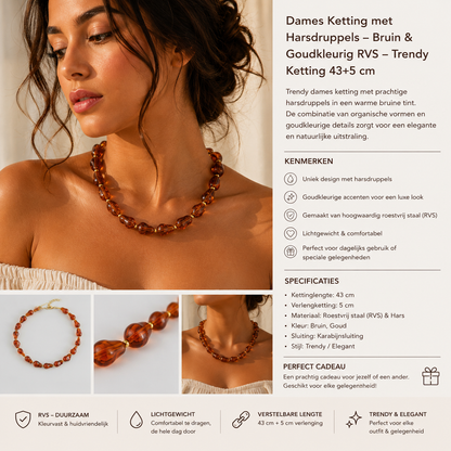 Bruine Dames Ketting met Hars Kralen – Goudkleurig RVS – Statement Ketting | Twinolo