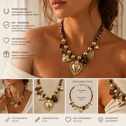 Boho Dames Ketting met Bedels – Luipaardkoord & Goudkleurig RVS – Statement Ketting | Twinolo