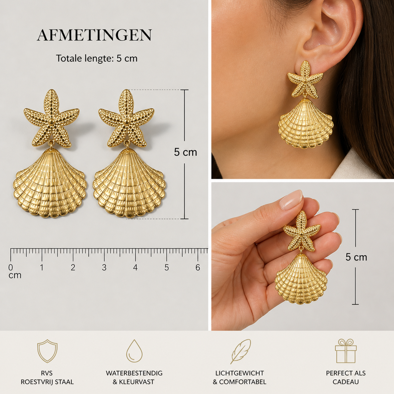 Goudkleurige Oorbellen Dames – Zeester en Schelp Design – RVS Statement | Twinolo